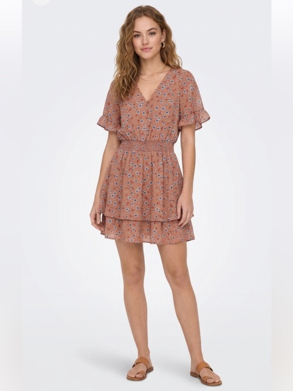 Sienna Sky Pink Floral Print V-Neck Smocked Waist Dress Size Small Unlined